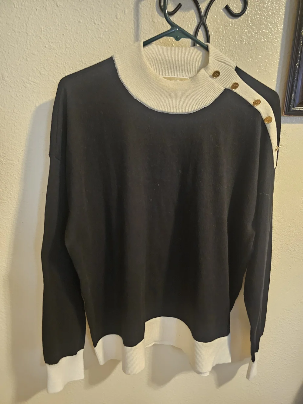 Michael Kors Black Sweater with Cream Ribbed Mock Neck